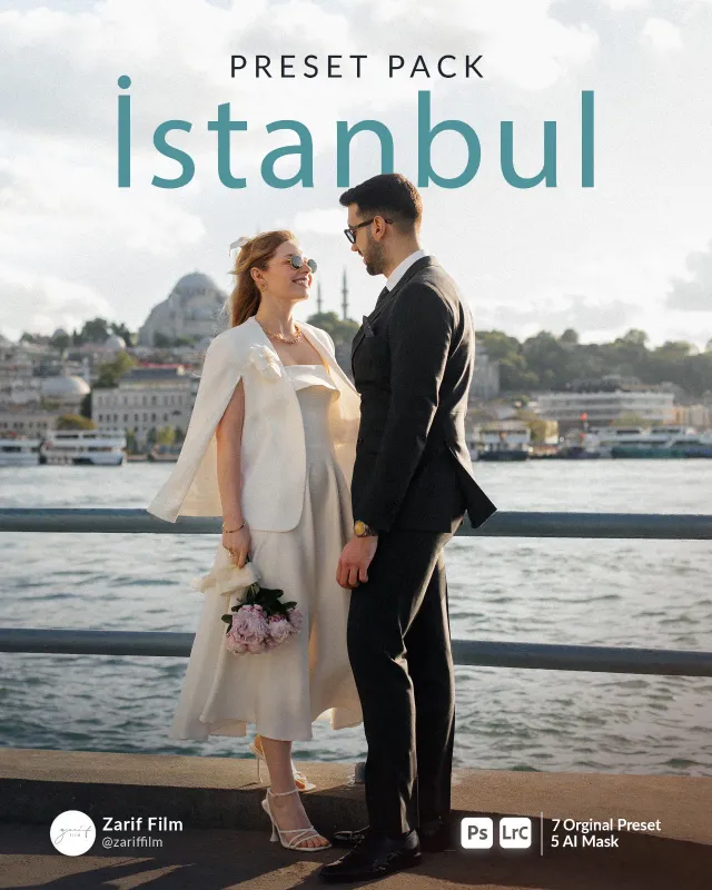 Zarif Film İstanbul Preset Pack kapağı: Galata'da, arkada Süleymaniye Camii, gelin ve damat